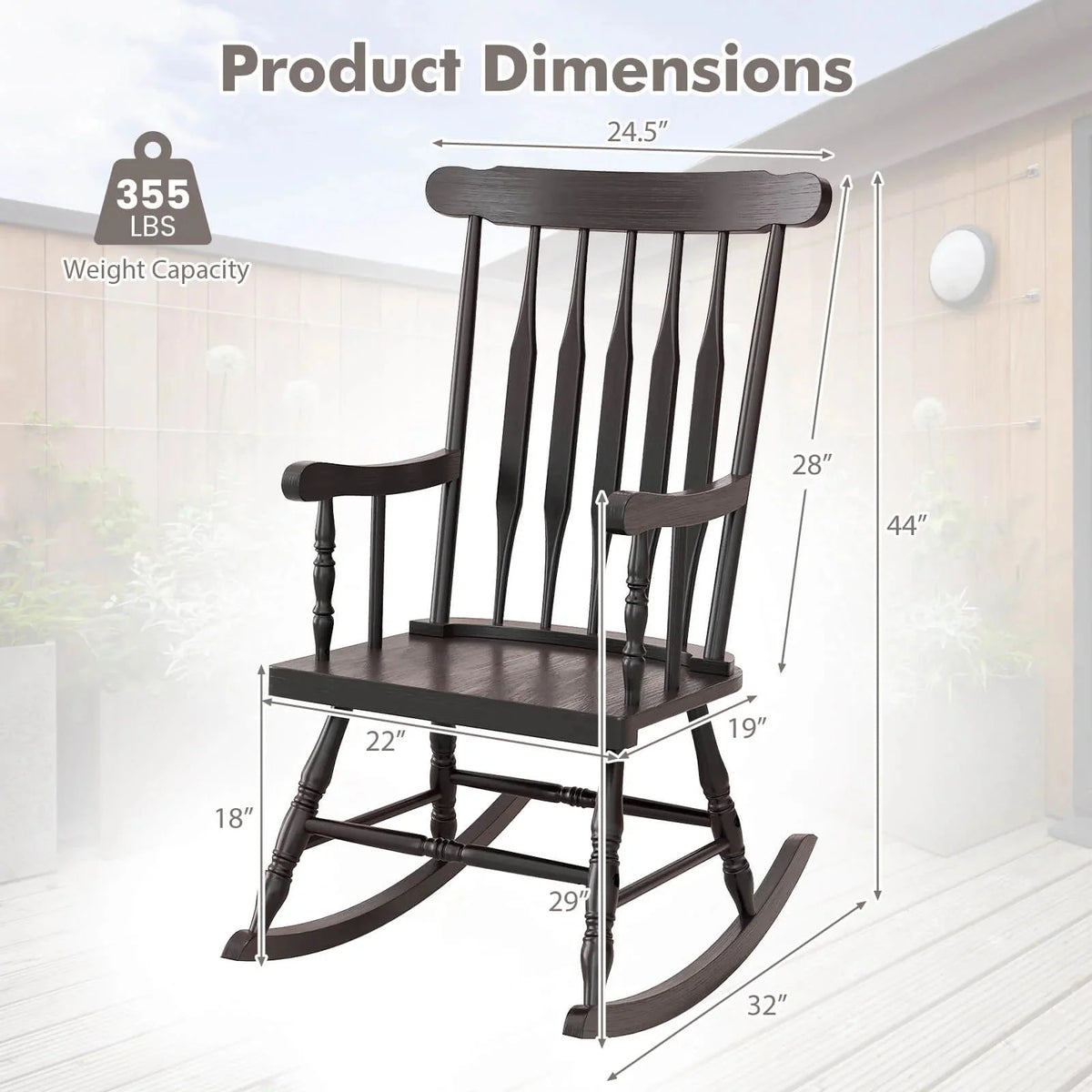 Costway Rubber Wood Rocking Chair, White, 22 x 32 x 44 in, 300 lbs