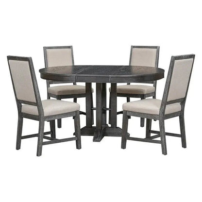 Farmhouse Extendable Round Dining Table Set With 4 Upholstered Chairs - 5-Piece