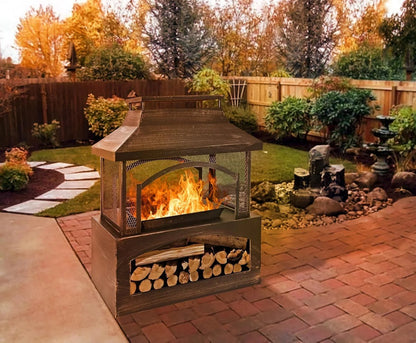 Outdoor Wood-Burning Metal Fireplace Fire Pit With Log Grate And Poker, 37 x 32 x 18 in, Black