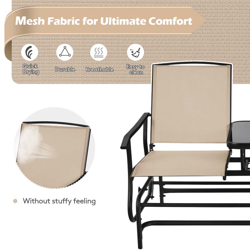 2-Person Outdoor Bench Glider Chair With Center Table, Mesh Fabric, 57 x 28 x 38 in