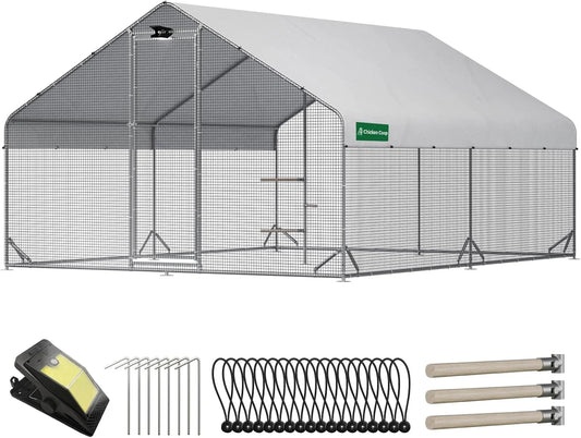 CHIKENCOOP Large Walk-In Metal Chicken Coop With Run, Solar Light And UV Cover - 2-Unit Coop