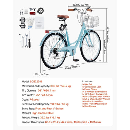 KFFKFF 26 in 7-Speed Cruiser Bike, Pale Blue With Front Basket And Rear Rack - SCB722-B