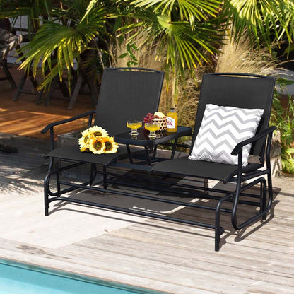 2-Person Outdoor Bench Glider Chair With Center Table, Mesh Fabric, 57 x 28 x 38 in