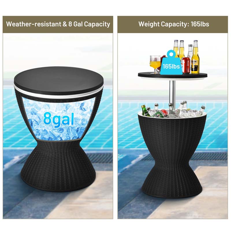 3-in-1 Rattan Outdoor Patio Ice Cooler Side Table, 8 Gal - Adjustable 22.5 in/32.5 in Height