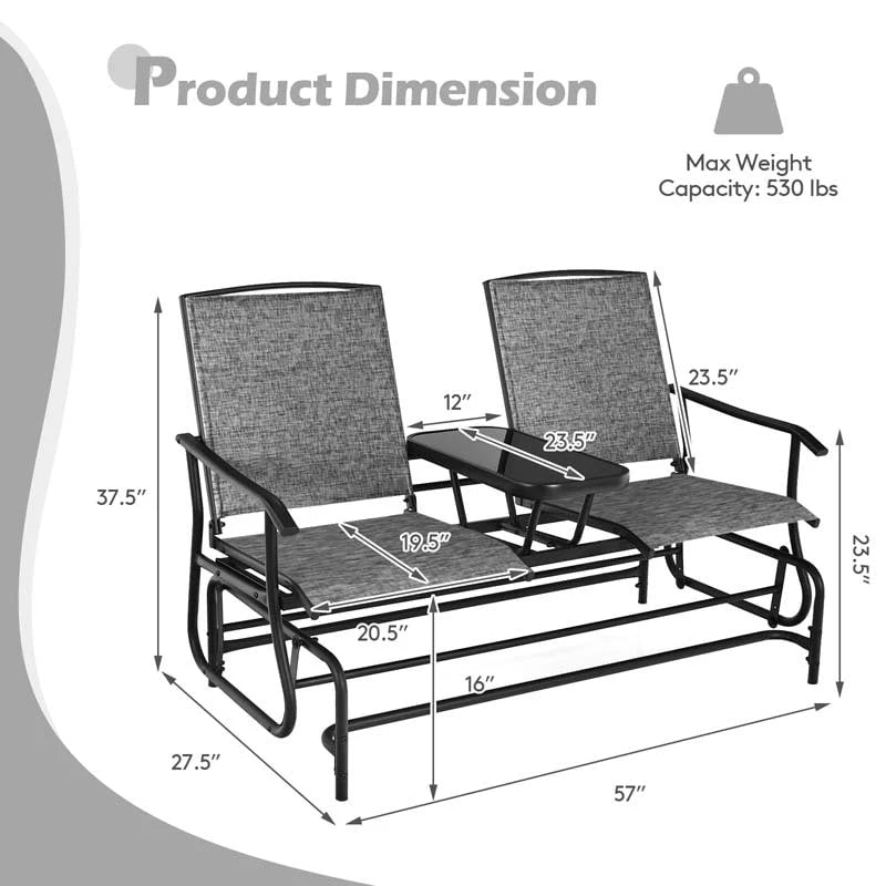 2-Person Outdoor Bench Glider Chair With Center Table, Mesh Fabric, 57 x 28 x 38 in