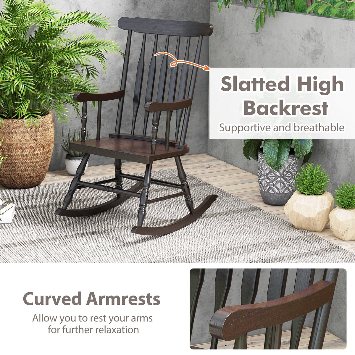 Costway Rubber Wood Rocking Chair, White, 22 x 32 x 44 in, 300 lbs