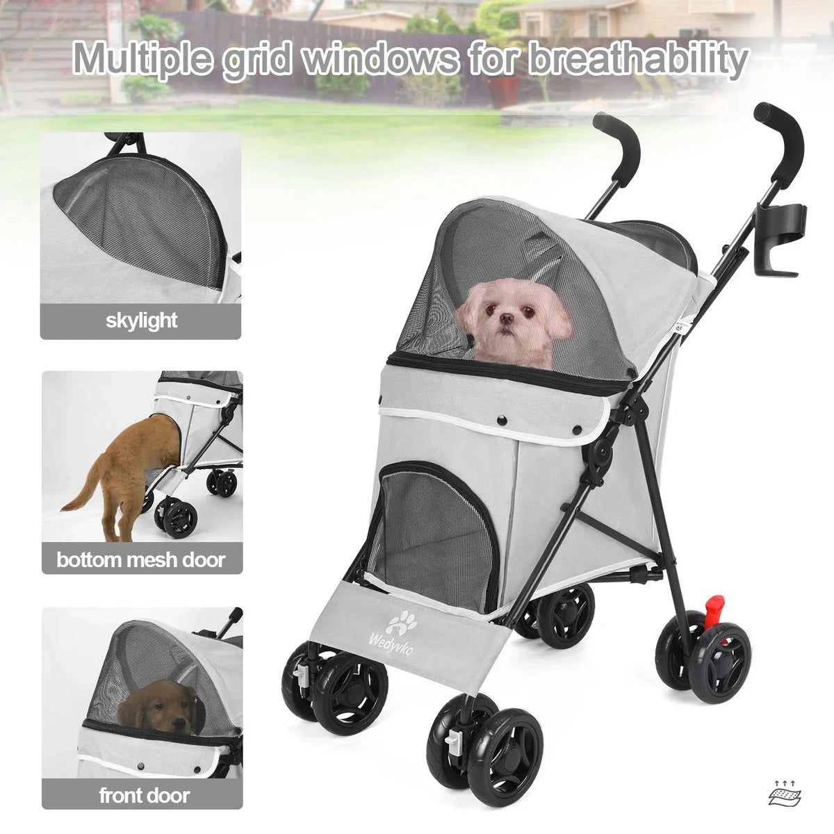 4-Wheel Foldable Cat And Dog Stroller With Storage Basket And 360 Degree Front Wheels - Gray
