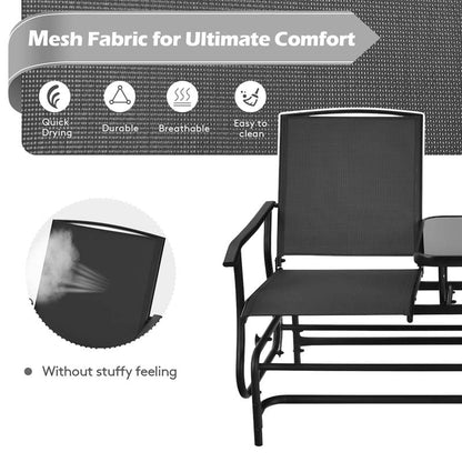 2-Person Outdoor Bench Glider Chair With Center Table, Mesh Fabric, 57 x 28 x 38 in