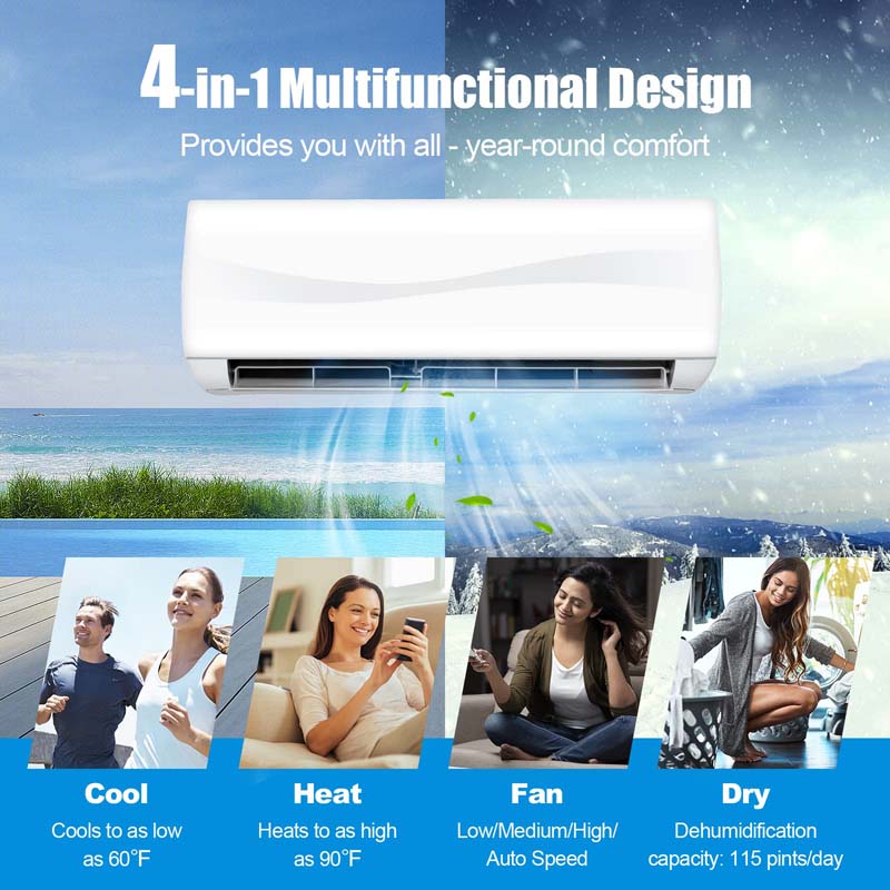 Wall-Mounted Ductless Mini Split Air Conditioner With Heat Pump, 24000 BTU, 208-230V, 18.5 SEER2, White