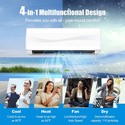 Wall-Mounted Ductless Mini Split Air Conditioner With Heat Pump, 24000 BTU, 208-230V, 18.5 SEER2, White
