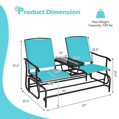 2-Person Outdoor Bench Glider Chair With Center Table, Mesh Fabric, 57 x 28 x 38 in