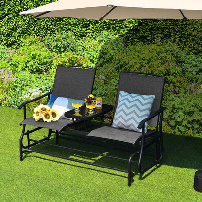 2-Person Outdoor Bench Glider Chair With Center Table, Mesh Fabric, 57 x 28 x 38 in