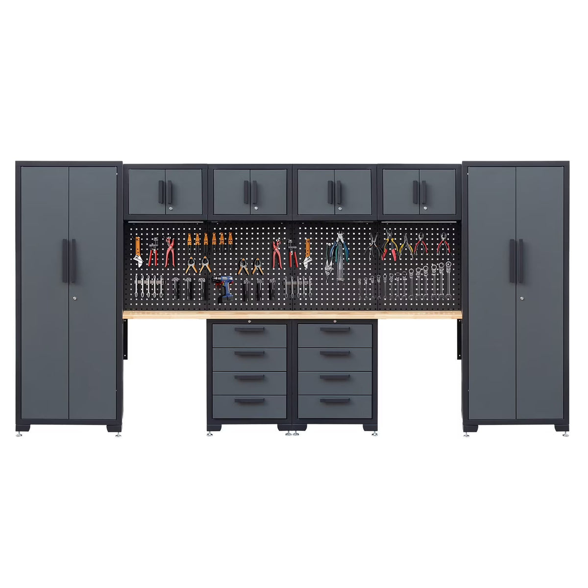 HPDMC 7-Piece Metal Garage Cabinet System With 4-Drawer Roller Cabinet, 47.2 in Workbench And Pegboards
