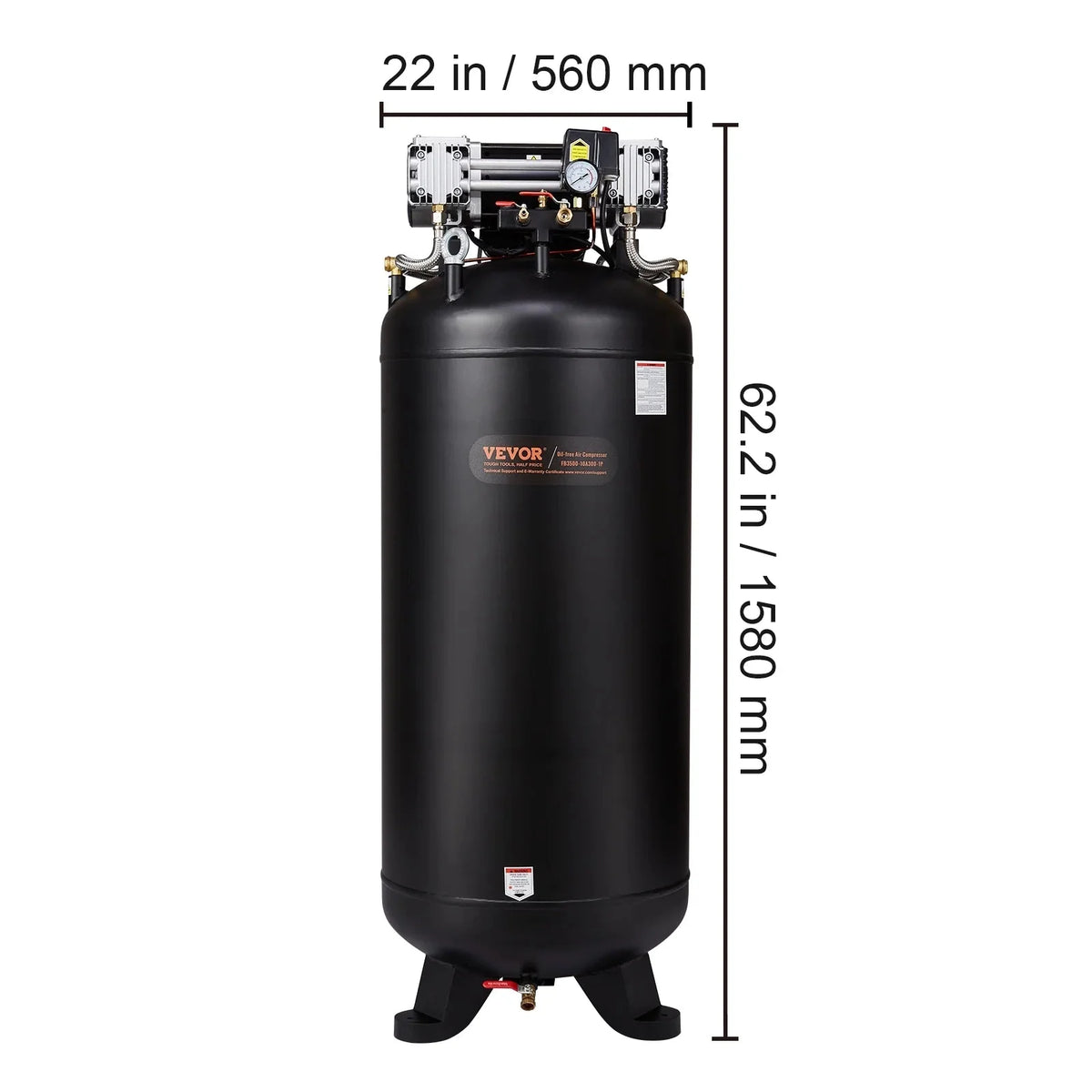 VEVOR 80 Gallon Oil-Free Air Compressor, 6.5 HP, 15.5 SCFM at 90 PSI, 145 PSI - FB3500-10A300-1P