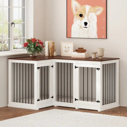 L-Shaped Corner Dog Crate Furniture For 2 Dogs, 58.7 x 41.1