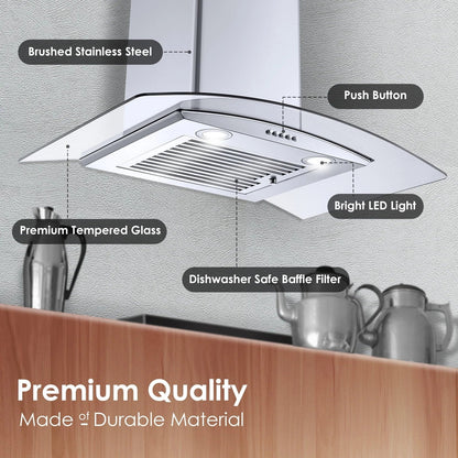 Wall Mount Range Hood 30 inch Convertible Tempered Glass 3-Speed 450 CFM - 3375B