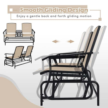 2-Person Outdoor Bench Glider Chair With Center Table, Mesh Fabric, 57 x 28 x 38 in