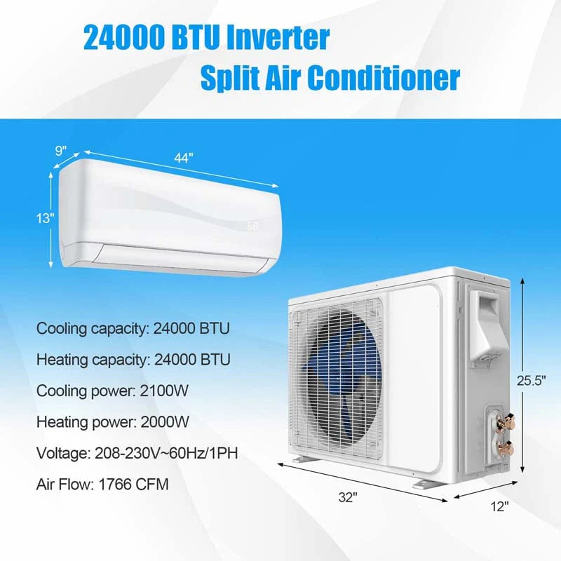 Wall-Mounted Ductless Mini Split Air Conditioner With Heat Pump, 24000 BTU, 208-230V, 18.5 SEER2, White