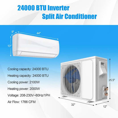 Wall-Mounted Ductless Mini Split Air Conditioner With Heat Pump, 24000 BTU, 208-230V, 18.5 SEER2, White