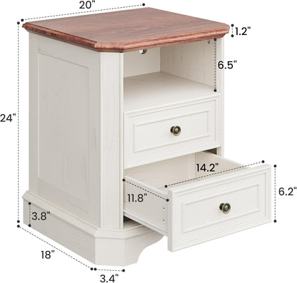 24in White Nightstands With Charging Station, 2 Drawers And Open Shelf - Set Of 2