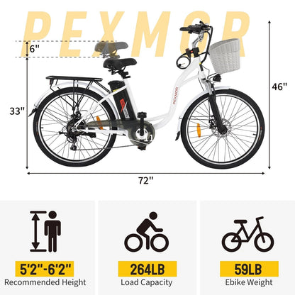PEXMOR Adult City Commuter Electric Bike 350W Peak 500W 36V 12.5AH 26in Shimano 6-Speed