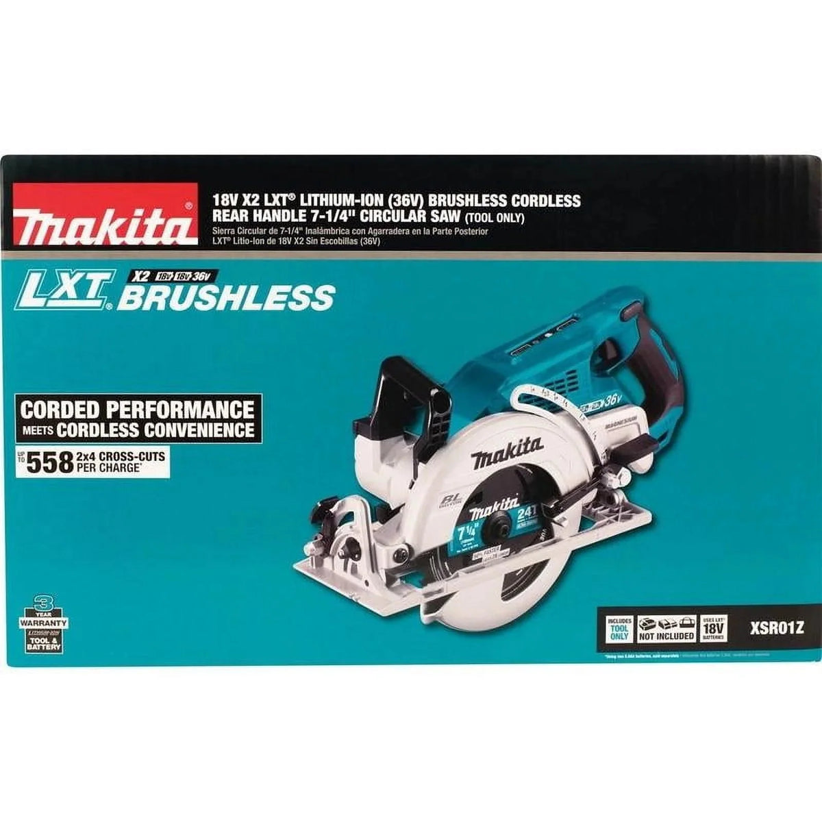 Makita Rear Handle Circular Saw, 7.25 in, 5100 RPM, 36 V DC - XSR01Z
