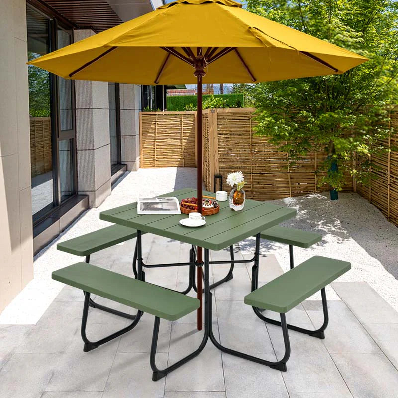 8-Person Outdoor HDPE Square Picnic Table And Bench Set, 67in x 67in x 30in, Metal Frame