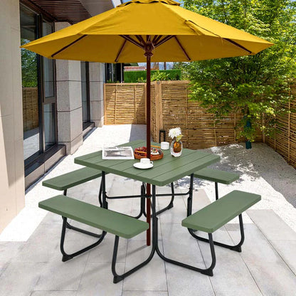 8-Person Outdoor HDPE Square Picnic Table And Bench Set, 67in x 67in x 30in, Metal Frame