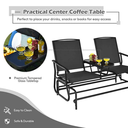 2-Person Outdoor Bench Glider Chair With Center Table, Mesh Fabric, 57 x 28 x 38 in