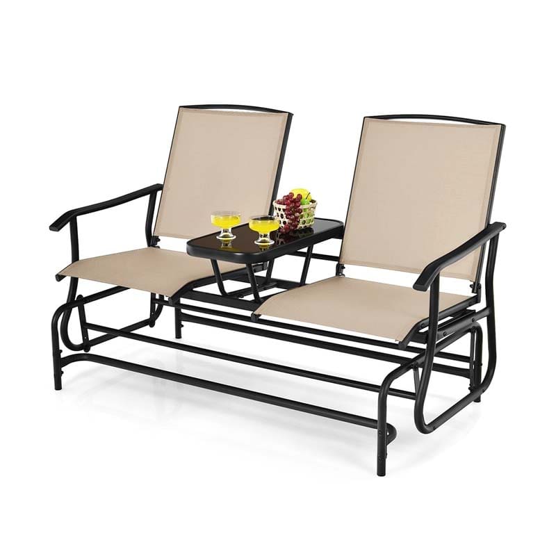 2-Person Outdoor Bench Glider Chair With Center Table, Mesh Fabric, 57 x 28 x 38 in