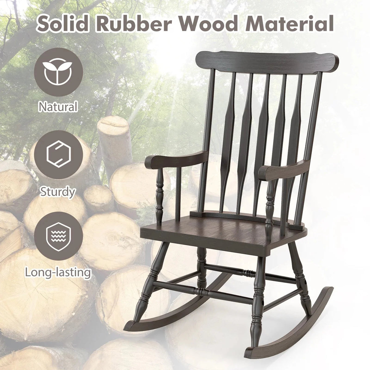 Costway Rubber Wood Rocking Chair, White, 22 x 32 x 44 in, 300 lbs