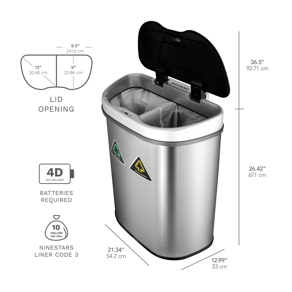 18 Gallon Dual Compartment Motion Sensor Trash Can - Automatic Hands-Free Kitchen Garbage Bin