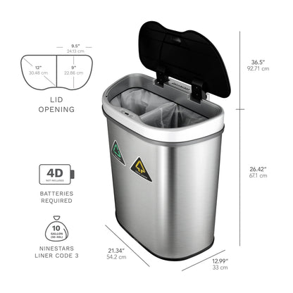 18 Gallon Dual Compartment Motion Sensor Trash Can - Automatic Hands-Free Kitchen Garbage Bin
