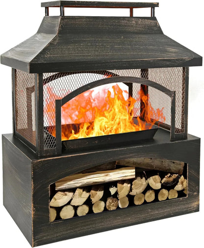 Outdoor Wood-Burning Metal Fireplace Fire Pit With Log Grate And Poker, 37 x 32 x 18 in, Black