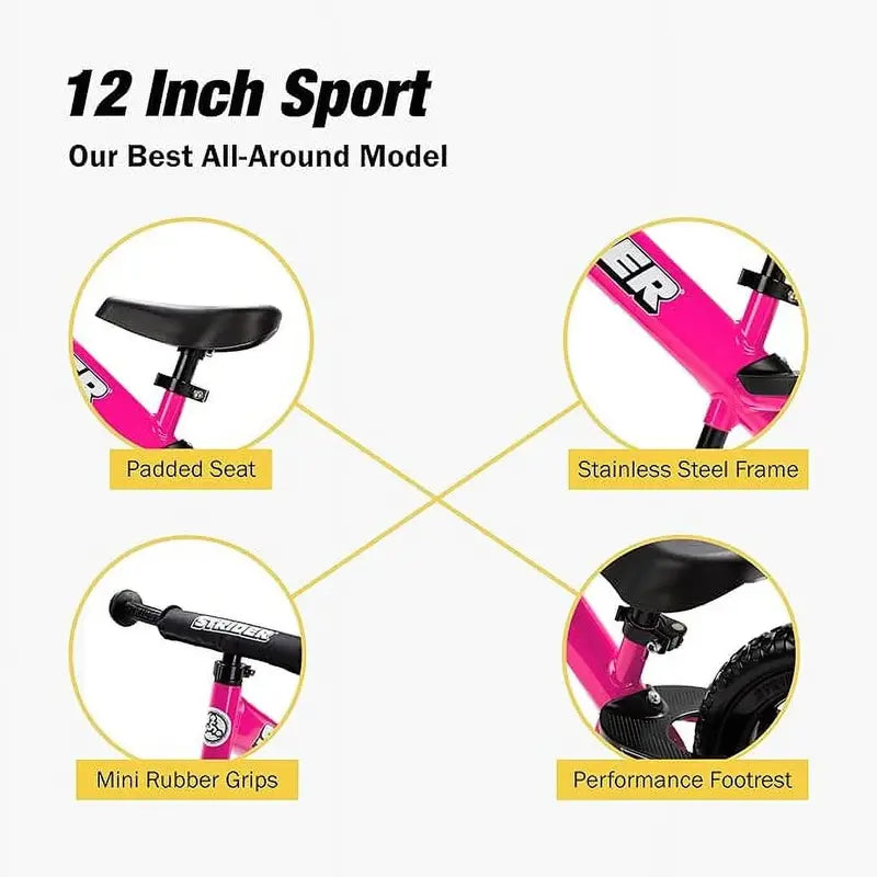 Strider 12 Sport Balance Bike, Pink, Ages 18 Months-5 Years - 12 Sport