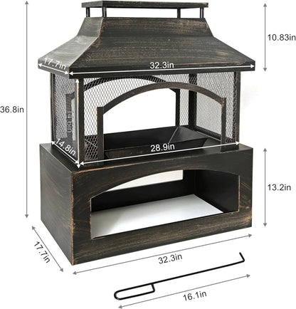 Outdoor Wood-Burning Metal Fireplace Fire Pit With Log Grate And Poker, 37 x 32 x 18 in, Black